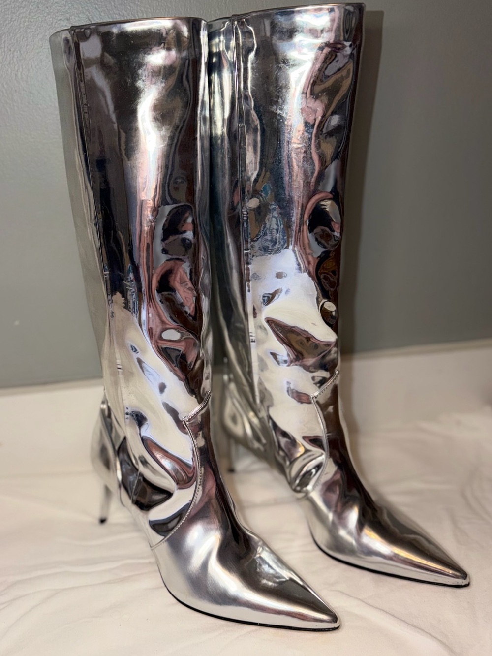 IRO Silver Metallic Knee-High Pointed Stiletto Boots